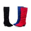 Botas de gamuza para mujer para otoño e invierno con pliegues y pedrería, botas de tacón grueso medio hasta la pantorrilla, venta al por mayor para plataformas independientes de comercio exterior, botas de talla grande