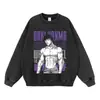 Sudadera con capucha lavada y efecto desgastado con estampado de anime, sudadera con capucha oversized vintage desgastada, sudadera con capucha de cuello redondo sin cierre
