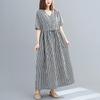 Vestido Feminino Plus Size de Algodão e Linho com Renda, Decote V, Manga Curta, Cadarço, Comprimento Médio, Xadrez, Que Cobre o Corpo e Emagrece, Novo Estilo Verão 2025
