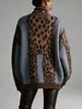 Suéter de malha com estampa de leopardo, estilo casual transfronteiriço europeu e americano para mulheres, outono e inverno, espessado, caimento solto, plus size, blusa patchwork para mulheres