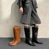Botas Largas de Cuero Auténtico Mismo Estilo que las Celebridades Otoño/Invierno Cuello en V Debajo de la Rodilla Botas de Combate Botas de Tacón Alto Botas Largas Mujer