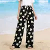 Pantalones Largos de Pierna Ancha de Cintura Alta Nuevos de Verano Pantalones Rectos Sueltos Largos Pantalones de Playa Casuales a Prueba de Mosquitos Pantalones Florales de Seda Helada