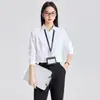 Camisa Profissional Formal de Manga Longa Azul com Decote em V de Fibra de Bambu para Entrevista de Emprego, Trabalho, Ambiente de Trabalho, Uniforme de Trabalho, Slim Fit, Primavera e Outono, para Mulheres