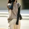 Chaleco de punto de lana 100% pura con cuello alto para mujer, otoño e invierno, corte holgado, estampado, chaleco suéter sin mangas para superponer