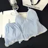 Pijama camisola azul a rayas dulces estilo coreano para mujer, nuevo conjunto de dos piezas para casa de verano con camisola de encaje y shorts