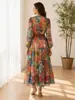 2026 Nuevo Vestido de Gasa Estampado de Manga Larga con Cuello en V de Estilo Europeo y Americano, Vestido Largo de Moda Transfronterizo para Mujer
