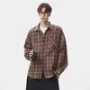 Chamarra tipo camisa de manga larga, corte relajado, estilo americano, camisa a cuadros cepillada casual para hombre, adecuada para ir al trabajo, con cuello desplegable, para usar en otoño