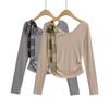 Cl25109-25 Camiseta de Temporada con Cuello Asimétrico, Corbata de Lazo Estilo Otoño, Manga Larga Ajustada