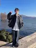 Jaqueta de Couro Masculina 2025 Primavera Outono Tendência Retro Americano Desgastada Cool Vibe de Luxo Estilo de Rua Jaqueta de Couro Solta Marrom