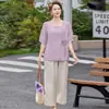 Estilo Nuevo de Verano Conjunto para Madre Lino Manga Corta 50+ Ropa para Mujeres de Mediana Edad Camiseta Transpirable Conjunto de Dos Piezas Ropa