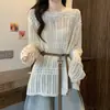 Suéter de Punto Calado con Abertura Estilo Nuevo 2026 para Mujer, Moda de Verano, Nuevo Diseño Elegante, Cinturón Elegante, Ceñidor de Cintura, Cubre-todo de Corte Regular Adelgazante