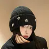 Gorro de Tricô Preto Estrela para Mulheres no Inverno, Versão Coreana, Emagrecimento Facial, Pequeno Turbante, Gorro à Prova de Frio para Circunferência Craniana Grande, Gorro de Lã Quente e Resistente ao Frio
