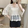 Top de Manga Campana Babydoll Jersey Protección Solar Prendas de Abrigo Cárdigan para Mujer Primavera Verano Malla Blanca Encaje Corto Top de Gasa