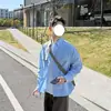 Camisa básica simple azul de manga larga, unisex, adecuada para primavera y otoño, estilo retro japonés, corte holgado, camisa casual versátil, top o prenda exterior