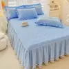 Faldón de Cama Acolchado de Color Sólido Coreano Pieza Única Borde de Encaje de Alta Gama Protector de Volantes de Cama Cubierta Colcha Universal para Cuatro Estaciones Antideslizante