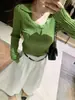 Polo Verde Francés de Punto con Cuello en U para Mujer en Otoño e Invierno, Top de Capa Interior de Punto de Alto Nivel, Estilo Corto