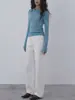 Suéter de Punto Ajustado Azul EIGHTHMONTH para Mujer, Manga Larga, Cuello Redondo, Top Base Adelgazante