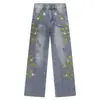 Jeans Azules de Bordado Floral Estilo Americano Tendencia Rectos Americanos Ajustados Estilo Celebridad
