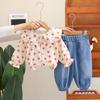 Roupa Infantil Estilo Coreano Roupa de Menina Lapela de Renda Floral Lapela de Flor de Menininha Camisa de Manga Comprida Calça Jeans Conjunto de Duas Peças