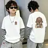 Camiseta de algodón de manga larga estampada para niños, moderna y sencilla, camiseta básica de retazos a rayas estilo coreano, top de imitación de dos piezas, estilo ins