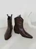 Botines Chelsea vintage súper suaves de piel de vaca para mujer, botines vaqueros western de tacón grueso con corte en V, botines ajustados plisados, botines cortos de punta con corte en V