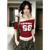 Camiseta corta de manga corta con bloques de color, estilo americano picante, de hombros descubiertos y cuello de corbata, imitación de dos piezas para mujer, top estampado ajustado dulce y fresco, primavera/verano