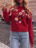 Suéter de Malha Bordado Flor Tridimensional da Indústria Pesada Europeia e Americana Feminino Outono e Inverno Novo Gola Redonda Solto Versátil Bordado com Contas