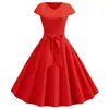 Fuente del fabricante 2019eaby En stock Venta caliente Verano Retro Cuello en V Manga Corta Color Sólido Casual Vestido de Baile Grande