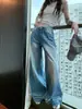 Jeans azules lavados de pierna ancha para mujer, pantalones rectos de cintura alta vintage para verano, pantalones largos casuales holgados versátiles