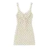 Vestido mini estilo férias francês retrô doce com acabamento de renda patchwork laço na cintura acinturado poá