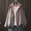 2026 Nova Camisa com Capuz Estampada e Cordão Feminina Artística Casual Temperamento Top Solto Feminino Fio de Algodão Jaqueta Fina