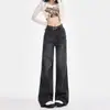 Jeans Rectos Negros y Grises para Mujer Forrados de Polar Otoño e Invierno Cintura Alta Aspecto Delgado Holgado Pantalones de Pierna Ancha Nuevo Estilo 2025