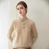 Suéter Novo de Caxemira Pura Outono e Inverno Feminino Gola Polo Tricotado Camisa Básica Pulôver Solto Suéter de Manga Longa Top com Lapela