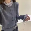 Cardigan Tricô Kaning Estilo Francês com Barra Ruffle Color Block para Mulheres 2026 Outono Novo Suéter Tricô Feminino