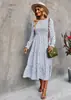Vestido feminino outono e inverno 2022 gola U estampado cintura alta manga longa elegante para trabalho lazer férias saia de comprimento médio