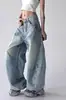 Jeans retro americano azul claro com corte de foice para mulheres, estilo primavera e outono, calça casual solta de perna larga, comprimento total