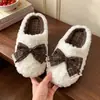 Chinelos de Algodão Pelúcia com Laço Outono Inverno Renda Feminino Casa Solado Grosso Macio Antiderrapante Quente Xadrez Chinelos de Pelo