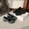 Zapatos de Tacón Grueso de Tacón Alto para Mujer 2025 Grises French Mary Jane Zapatos Estilo Nuevo Chanel Tacón Cuadrado de Lana Lana Comodín