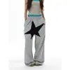 Calça de Moletom Esportiva com Cordão e Caimento Solto, Estampa de Estrela Estilo Americano, Unissex, Marca Moderna, Calça Casual Reta Solta, Moderna