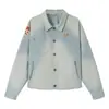 Jaqueta Jeans Yidao Vintage 2026 Primavera Nova Estampa de Emblema Retro Americano Listrada Degradê Lavada Roupa de Trabalho