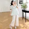 Nuevo Conjunto de Maternidad Verano 2026: Top de Encaje con Cuello en V + Pantalones Rectos de Nueve Puntos para Maternidad