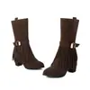 Tamanhos 34-43, Solado de Borracha, Antiderrapante, Solado Macio, Zíper Lateral, Botas de Cano Médio, Botas Femininas de Franjas Outono e Inverno, Sapatos Femininos de Tamanho Grande para Venda Transfronteiriça