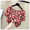 Camisa Chiffon Pequena Floral Fresca, Top Sexy de Um Ombro Expondo a Clavícula para Mulheres, Estilo Verão, Roupas de Manga Curta Fora do Ombro