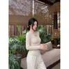 Blusa de Tricô Patchwork com Renda Estilo Levemente Maduro para Mulheres Manga Longa Modeladora Camada Base Suave Estilo Coreano Casual Roupa Feminina