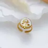 Anillo Vintage Usado de Acero Inoxidable con Flor de Esmalte Estampado de Leopardo Banda Ancha Multicapa Anillo Abierto Apilable de Nácar