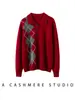 Suéter de cachemira con patrón de rombos estilo universitario para mujer, con cuello polo, cierre de media botón y diseño de punto, perfecto como capa base para otoño e invierno.