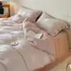 Conjunto de quatro peças de algodão e linho de cor sólida Classe A, capa de edredom jacquard abotoada simples de algodão puro, lençol de cima, lençol com elástico, roupa de cama para todas as estações