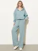Traje Deportivo de Algodón de Moda Transfronteriza Europea y Americana para Mujer, Color Puro, Cárdigan con Cremallera de Manga Larga, Sudadera con Capucha, Pantalón con Cordones, Conjunto de Dos Piezas