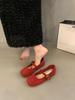 Zapatos Retro Rojos Franceses Versátiles de Boca Baja de Una Capa para Mujer de Tacón Medio Primavera y Otoño Nuevos Zapatos Planos Mary Jane de Hada Delicada