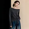 Camisa a rayas de manga larga con cuello asimétrico y huecos para mujer, top corto irregular de talla grande para otoño, blusa súper popular